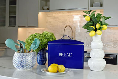 Royal blue modern farmhouse extra large bread bin with white lettering 