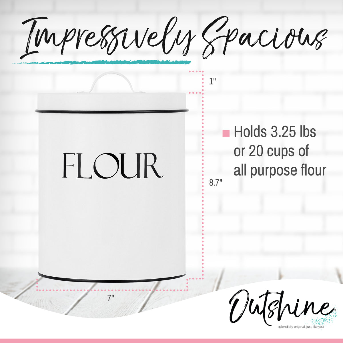 Outshine White Metal Kitchen Flour Canister | Airtight Lids| Farmhouse Canisters