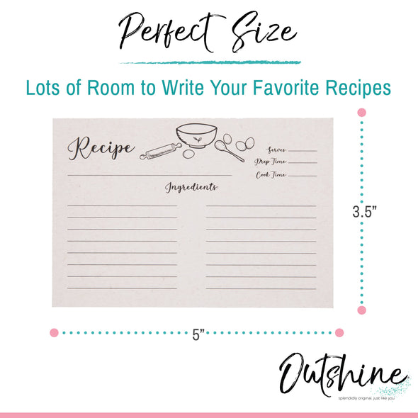 Outshine Kraft Recipe Cards 3"x5", Farmhouse Design (Set of 50) | Double Sided Cardstock