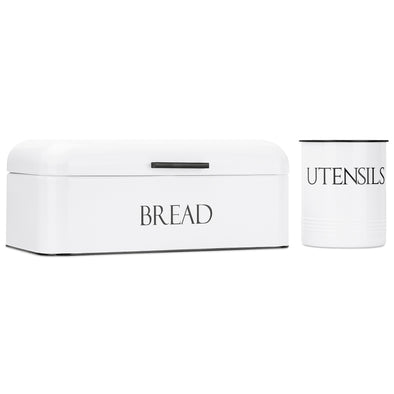 white bread box and white utensil holder for farmhouse kitchen countertop