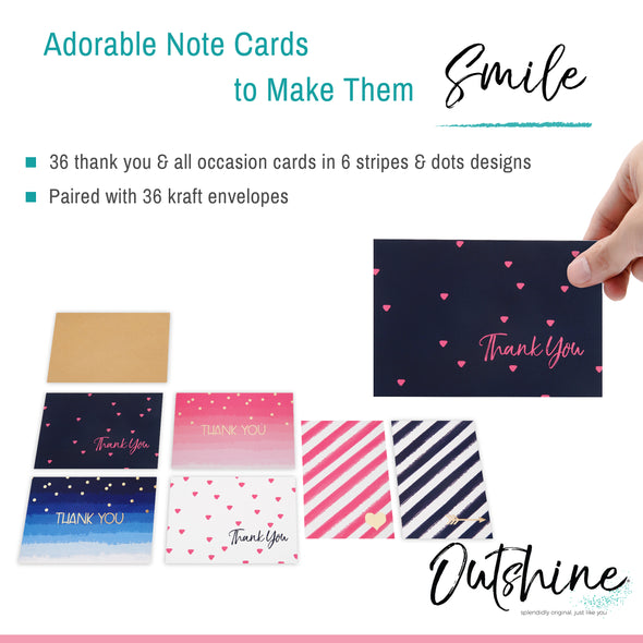 Outshine Bulk Blank Note Cards with Envelopes in Cute Storage Box 3.5" x 5"