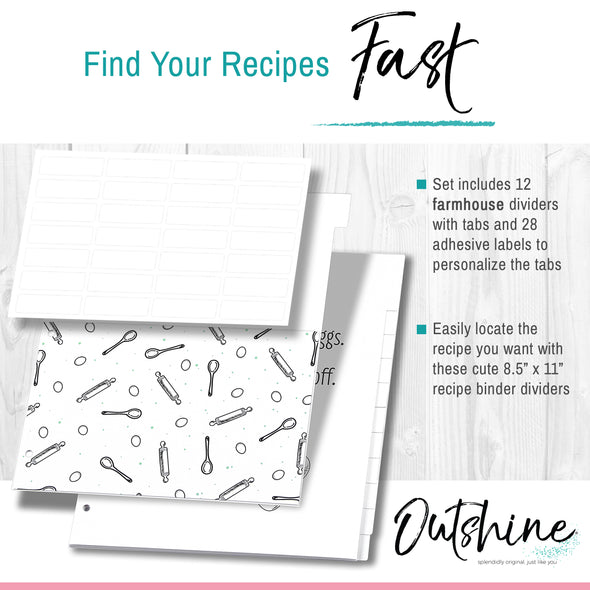 Outshine 12-Pack Recipe Binder Dividers for 3 Ring Binder, Farmhouse | 8.5" x 11" Thick Cardstock Binder Dividers with Tabs | Includes 28 Adhesive Labels and Printed Cooking Tips | Best Kitchen Gift