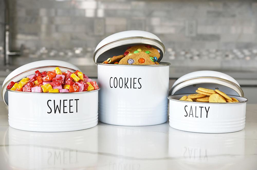 White vintage farmhouse sweet and salty snack canisters and cookie jar, air-tight lids