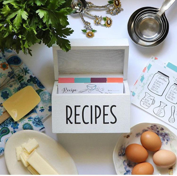 White farmhouse vintage recipe box with farmhouse theme recipe cards with eggs, butter and measuring cups