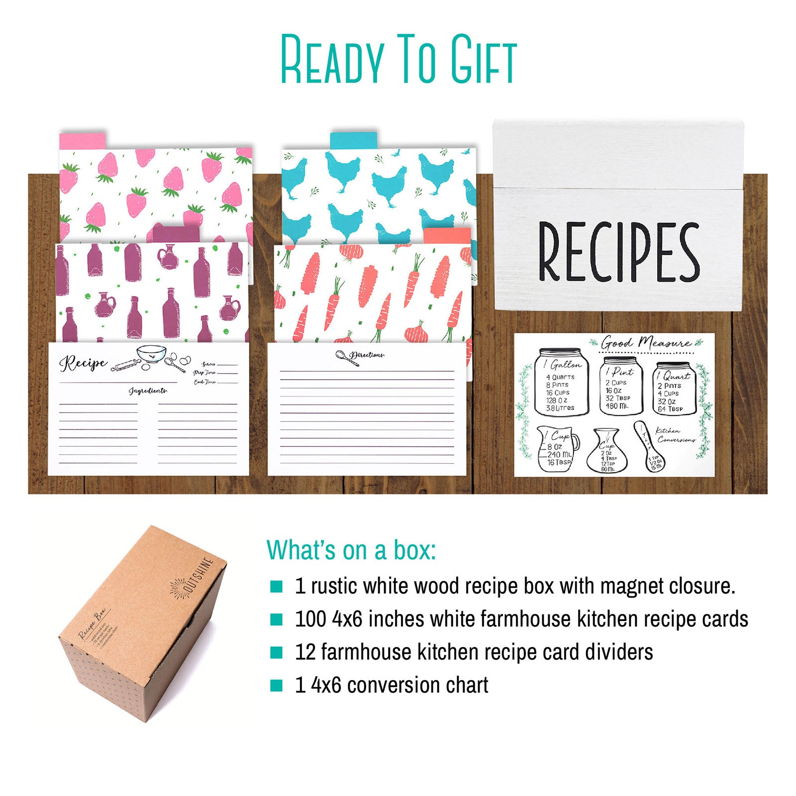 Outshine White Wooden Recipe Box with Cards and Dividers