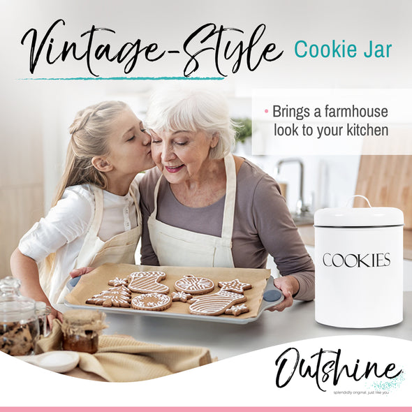 OUTSHINE White Cookie Jar with Airtight Lids | Vintage Cookie Jars for Kitchen Counter | Decorative Farmhouse Cookie Jar | Kitchen Countertop Metal Treat Container | Best Cookie Tin for Gift Giving
