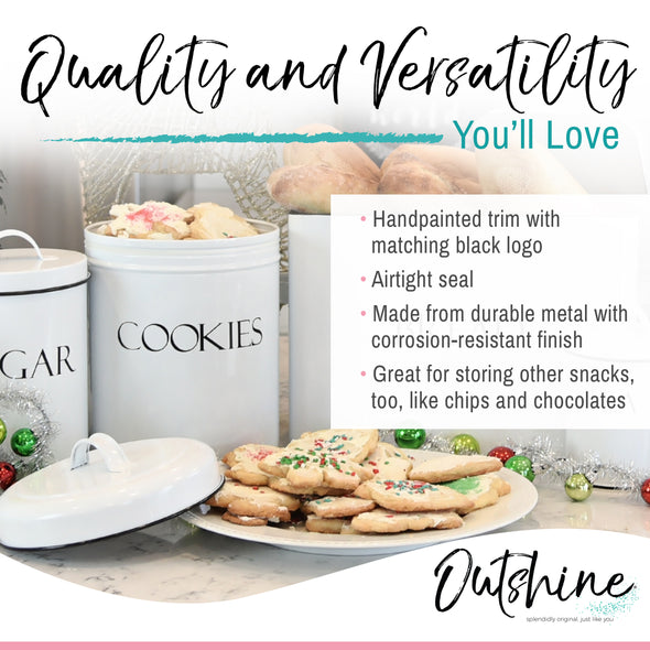 OUTSHINE White Cookie Jar with Airtight Lids | Vintage Cookie Jars for Kitchen Counter | Decorative Farmhouse Cookie Jar | Kitchen Countertop Metal Treat Container | Best Cookie Tin for Gift Giving