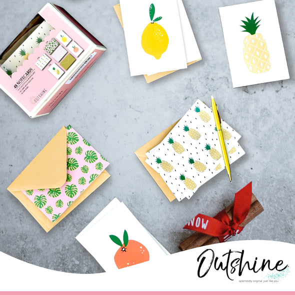 Outshine 48 Blank Note Cards w Envelopes in Cute Storage Box - (Fruit Lemon Pineapple), 3.5" x 5"