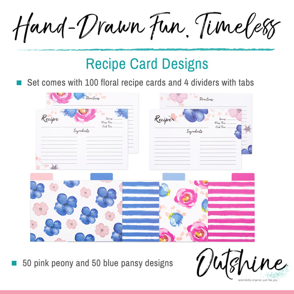 Outshine Premium 4" x 6" Recipe Cards with 4 Dividers, Floral Design (Set of 104)