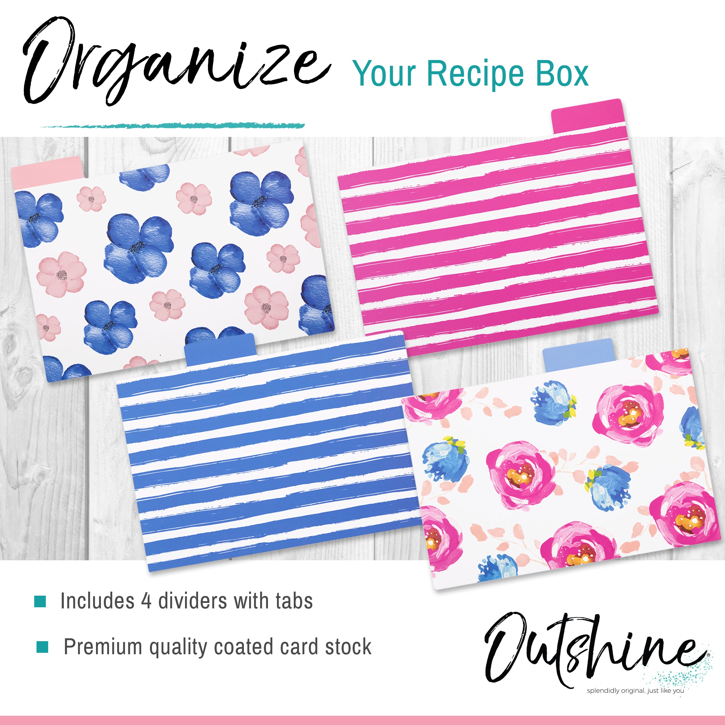 Outshine Premium 4 x 6 Recipe Cards with 4 Dividers, Floral Design (Set of 104)