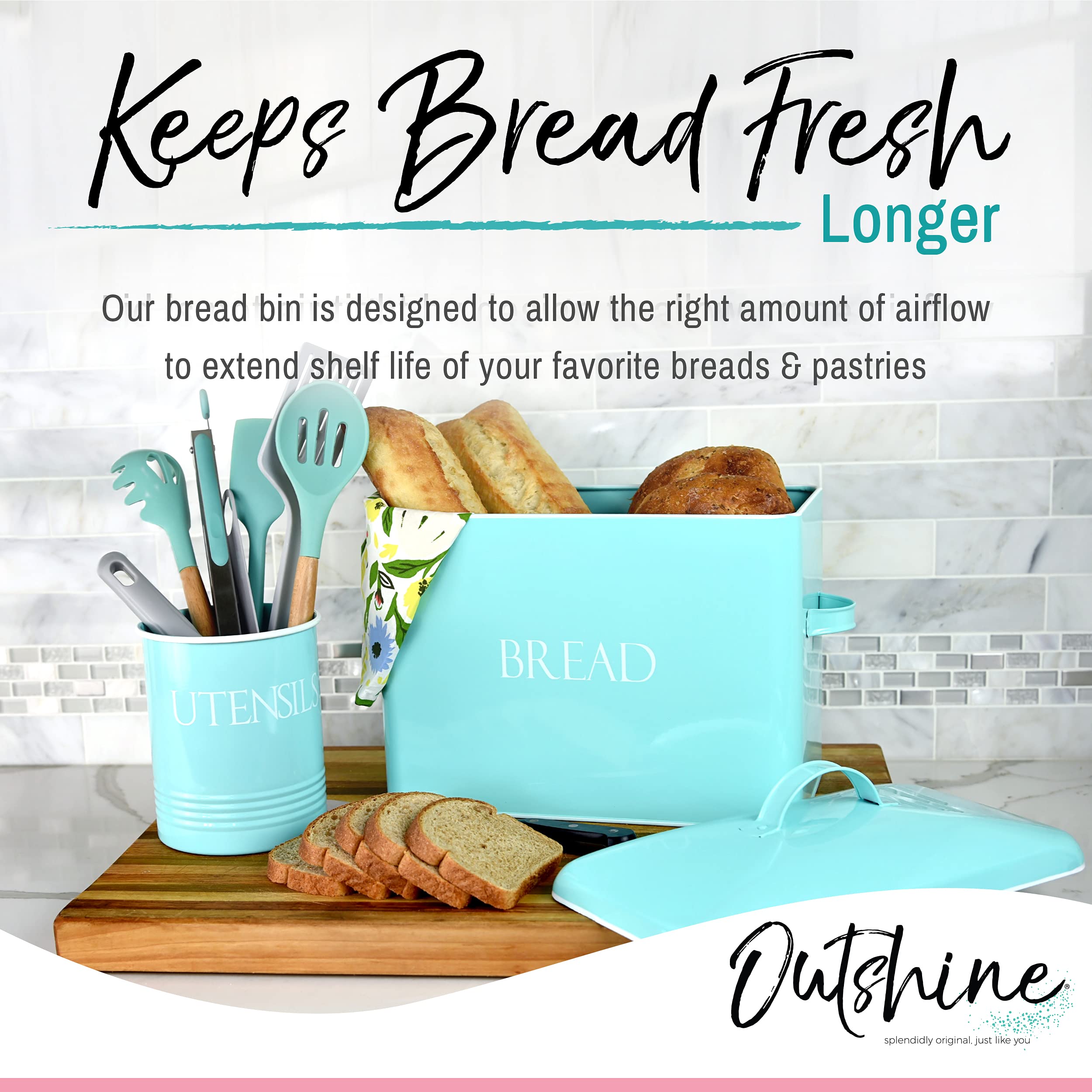 Outshine Farmhouse Bread Box for Kitchen Countertop | Vintage Mint Bread Storage Container with Fitted Lid, Blue
