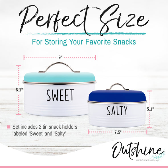 blue and white canisters labeled sweet and salty for snacks