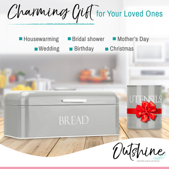 Outshine Vintage Metal Bread Box & Kitchen Utensil Holder Set Housewarming