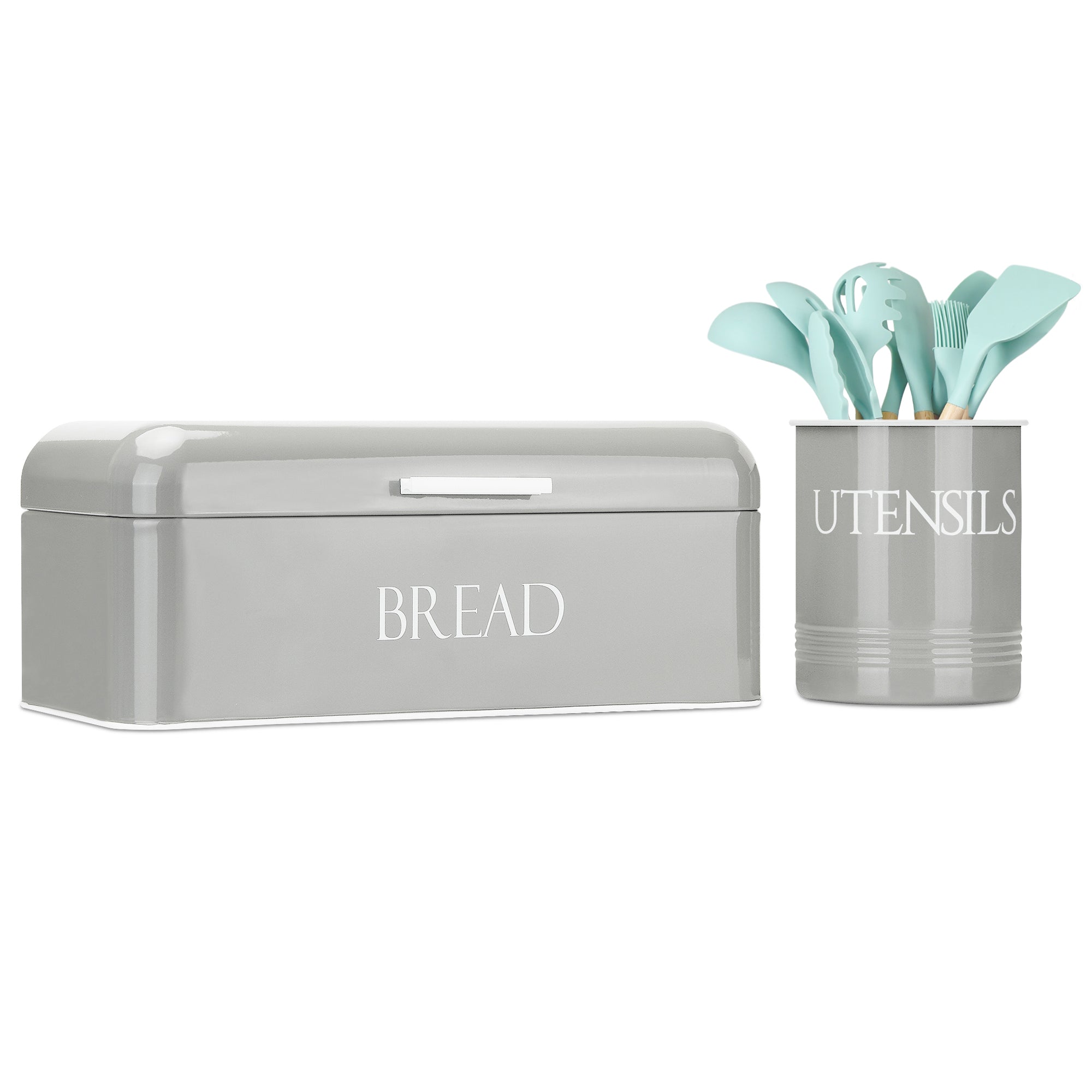Large Ceramic Bread Bin, Frosted Grey, With Wooden Lid Oak or