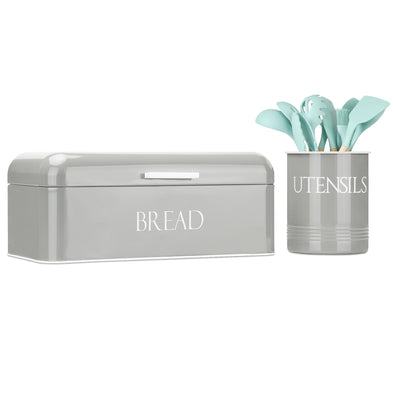 metal bread box and grey utensil holder set for kitchen storage