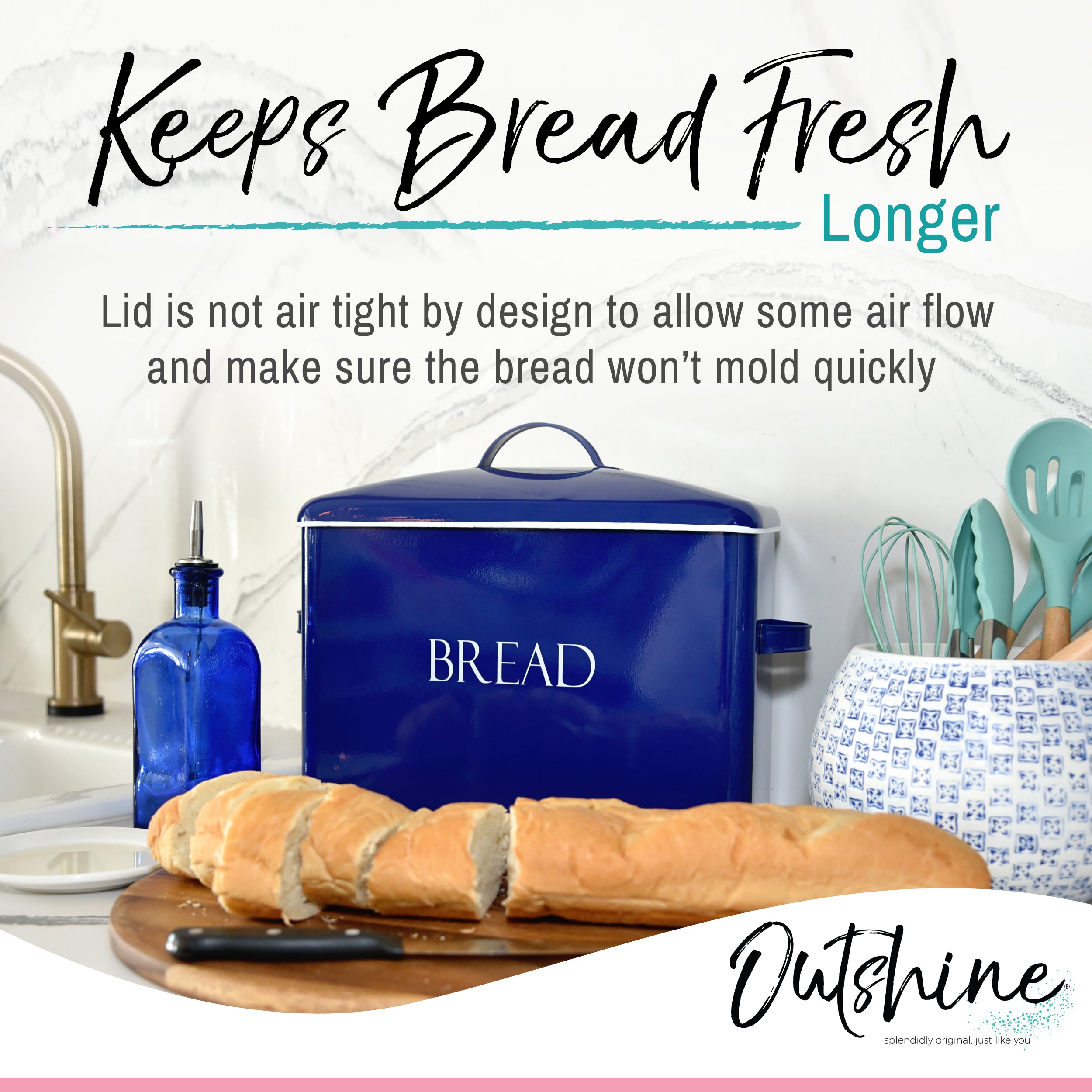 Outshine Blue Bread Box for Kitchen Counters, Large with Fitted Lid