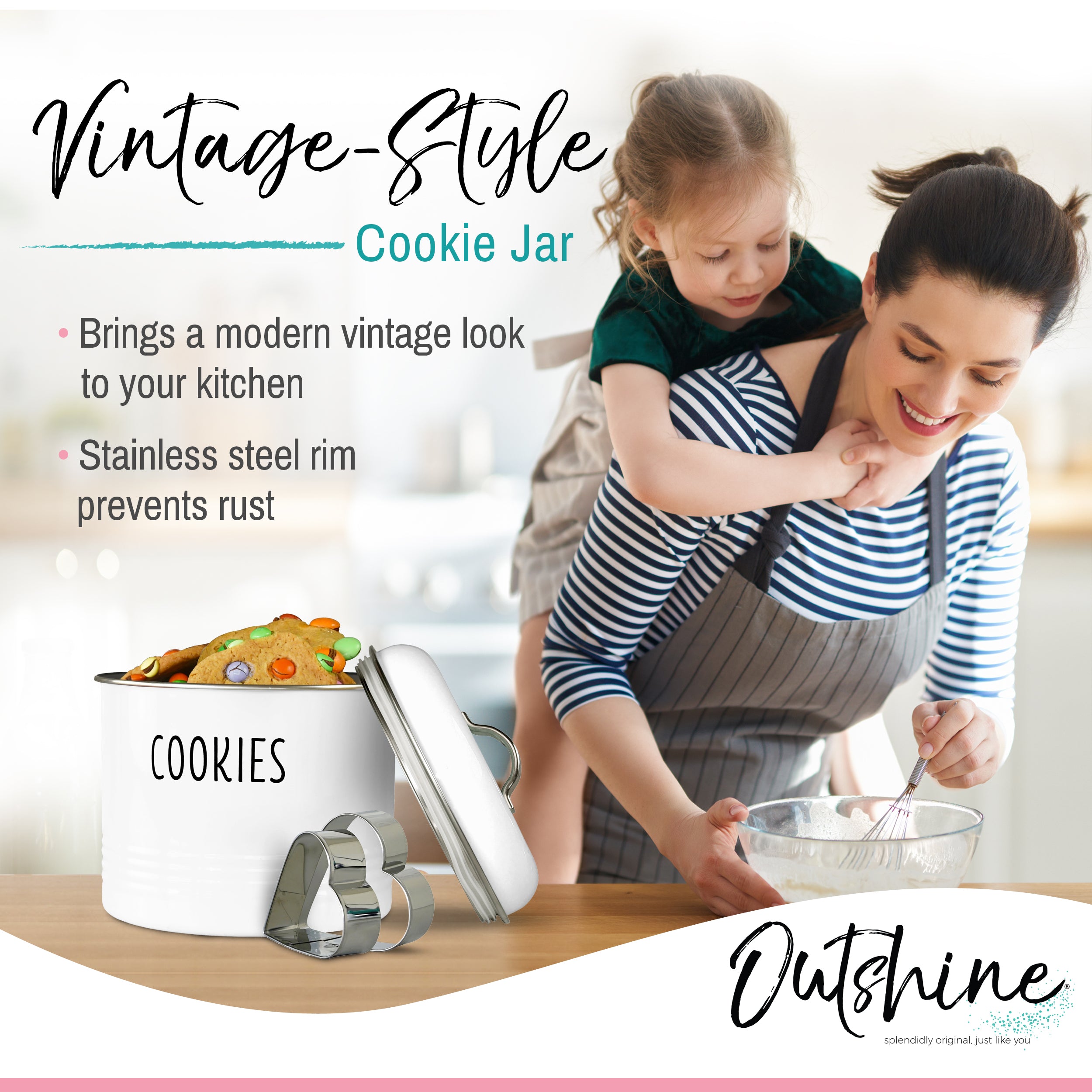 Outshine White Cookie Jar with Airtight Lids | Vintage Cookie Jars for Kitchen Counter | Decorative Farmhouse Cute Cookie Jar | Kitchen Countertop