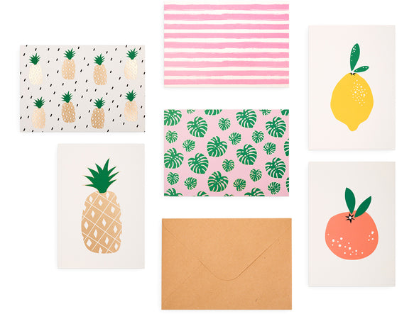 Outshine 48 Blank Note Cards w Envelopes in Cute Storage Box - (Fruit Lemon Pineapple), 3.5" x 5"