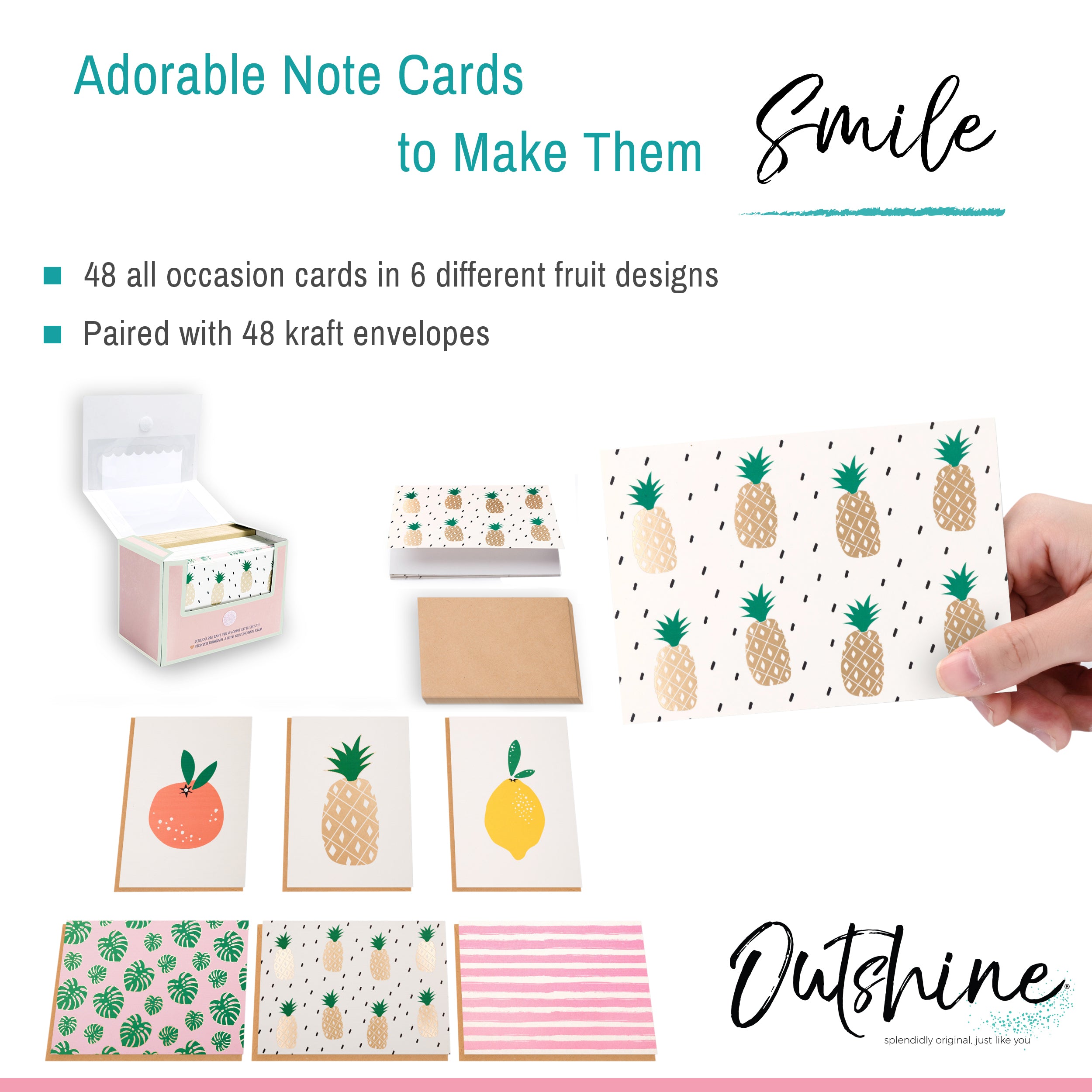 Outshine 48 Blank Note Cards w Envelopes in Cute Storage Box - (Fruit –  Outshine Co.