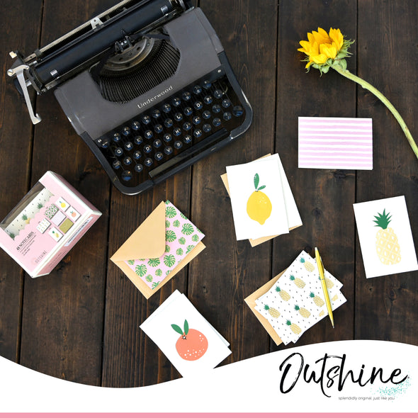 Outshine 48 Blank Note Cards w Envelopes in Cute Storage Box - (Fruit Lemon Pineapple), 3.5" x 5"