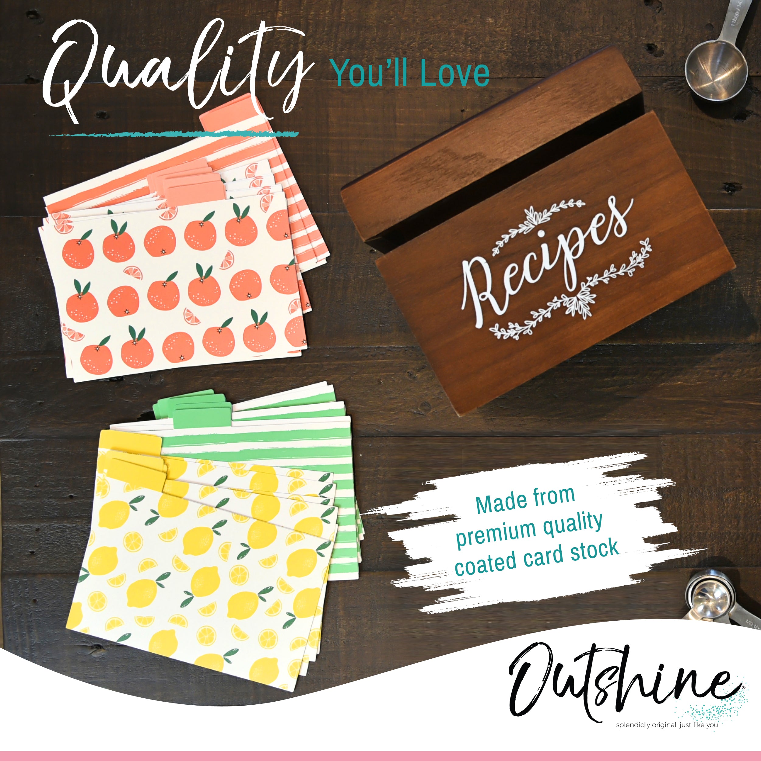 Outshine Vintage 4x6 Wood Recipe Box with Fruit Recipe Cards and Dividers, Brown