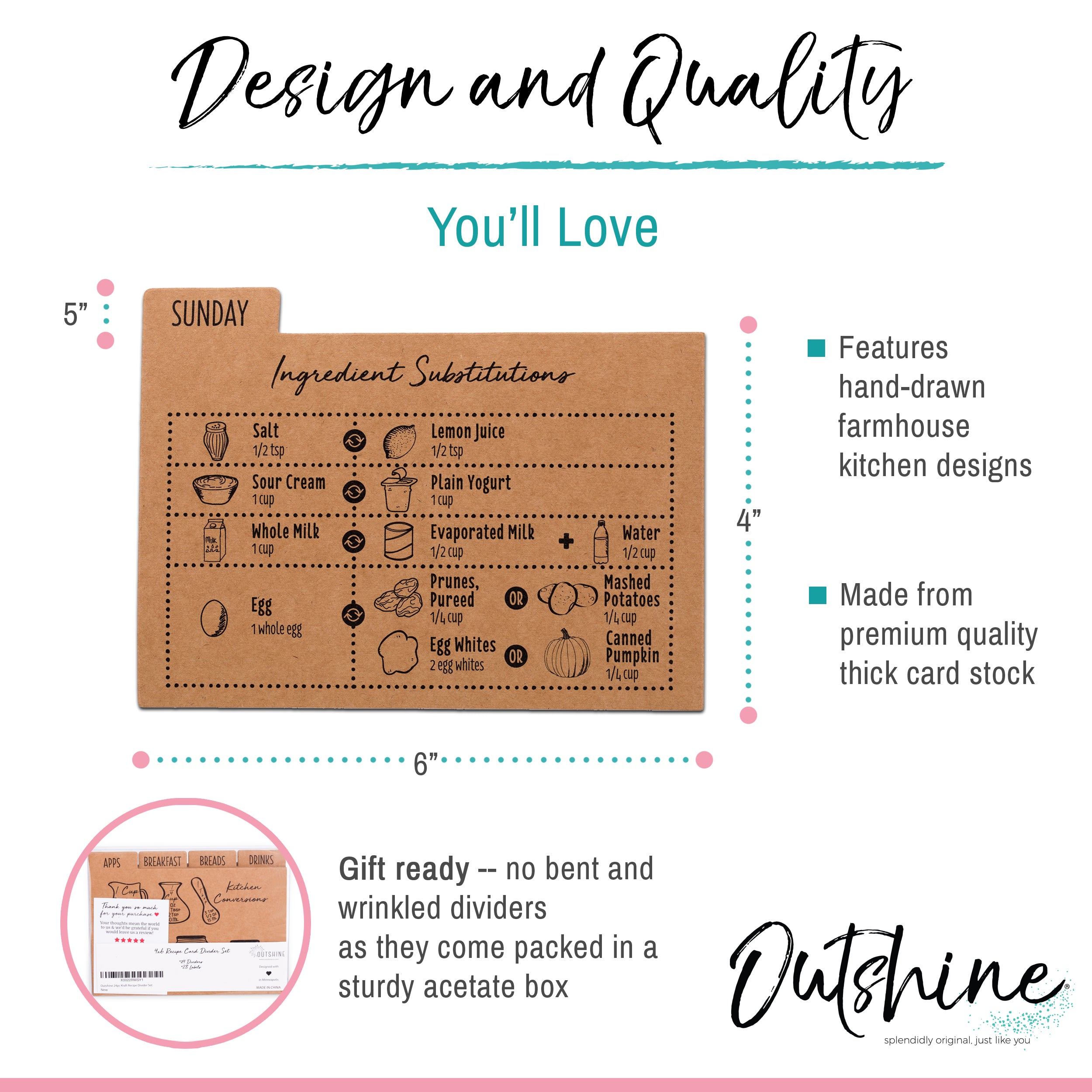 Outshine Premium Recipe Card Dividers 4x6 with Tabs, Farm Design (Set of  24), Recipe Box Dividers, Durable Index Card Dividers Made of Thick  Cardstock