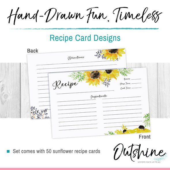 Outshine Premium Recipe Cards 4"x6", Sunflower Design (Set of 50) | Double Sided Thick Cardstock