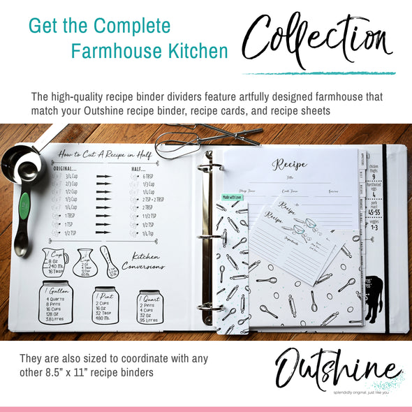 Outshine 12-Pack Recipe Binder Dividers for 3 Ring Binder, Farmhouse | 8.5" x 11" Thick Cardstock Binder Dividers with Tabs | Includes 28 Adhesive Labels and Printed Cooking Tips | Best Kitchen Gift